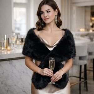 Luxe Black Faux Fur Wrap Scarf Collar Long Winter Party Women